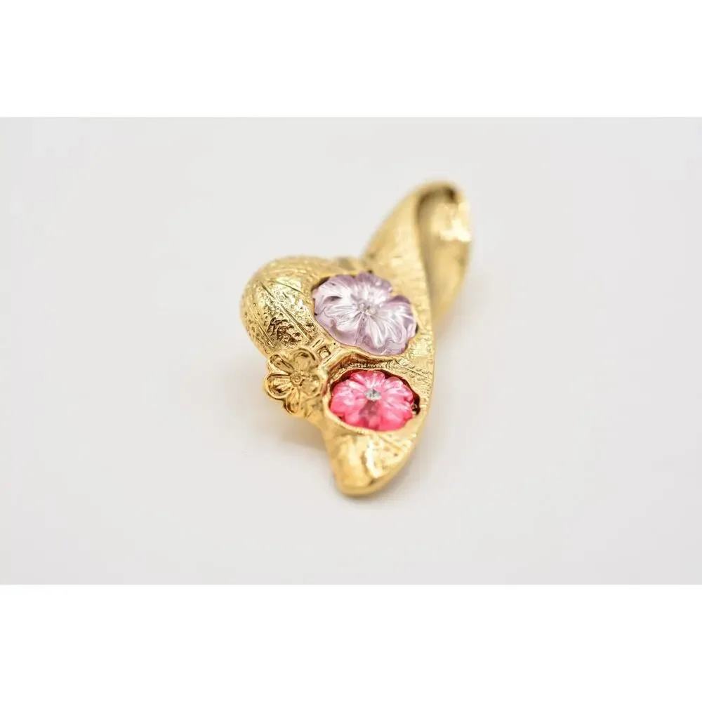1928 Vintage Hat Pin Brooch Pink Purple Flower Floral Gold Tone 80s 1990s BinB